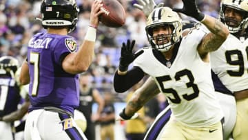 New Orleans Saints linebacker Zack Baun (53) and defensive tackle Shy Tuttle (99) - Mandatory Credit: Tommy Gilligan-USA TODAY Sports