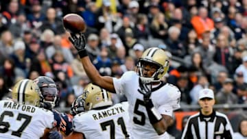 Oct 20, 2019; Chicago, IL, USA; New Orleans Saints quarterback Teddy Bridgewater (5) passes against the Chicago Bears during the second half at Soldier Field. Mandatory Credit: Matt Marton-USA TODAY Sports