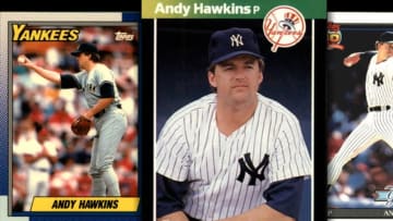 A montage of Andy Hawkins baseball cards from his time on the Yankees. (1990 Topps, 1989 Donruss, 1991 Topps)