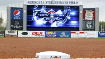 Mar 29, 2016; Tampa, FL, USA; The field is ready for play despite a light rain falling before a spring training baseball game between the New York Yankees and the Pittsburgh Pirates at George M. Steinbrenner Field. Mandatory Credit: Reinhold Matay-USA TODAY Sports