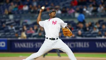 May 8, 2016; Bronx, NY, USA; New York Yankees starting pitcher Luis Severino (40) pitches against the Boston Red Sox in the first inning at Yankee Stadium. Mandatory Credit: Andy Marlin-USA TODAY Sports