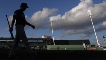 Mar 15, 2016; Fort Myers, FL, USA; New York Yankees center fielder Slade Heathcott (71) walks back to the dugout after striking out against the Boston Red Sox during the second inning at JetBlue Park. Mandatory Credit: Butch Dill-USA TODAY Sports