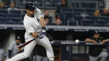 May 13, 2016; Bronx, NY, USA; New York Yankees Gary Sanchez (57) lines out to left field in the seventh inning against the Chicago White Sox at Yankee Stadium. Mandatory Credit: Noah K. Murray-USA TODAY Sports
