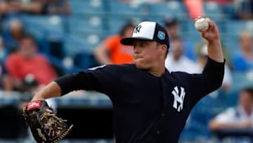 Mar 7, 2016; Tampa, FL, USA; New York Yankees relief pitcher Jacob Lindgren (65) pitches against the Houston Astros during the ninth inning at George M. Steinbrenner Field. Mandatory Credit: Butch Dill-USA TODAY Sports