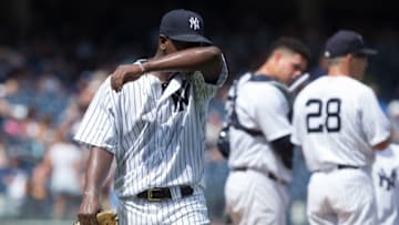 Aug 14, 2016; Bronx, NY, USA; New York Yankees starting pitcher Luis Severino (40) reacts as he is relieved from game in the fourth inning against the Tampa Bay Rays at Yankee Stadium. Mandatory Credit: Bill Streicher-USA TODAY Sports