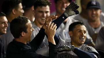 Aug 19, 2016; Anaheim, CA, USA; New York Yankees third baseman Ronald Torreyes (17) celebrates with his team after hitting a solo home run against the Los Angeles Angels during the fifth inning at Angel Stadium of Anaheim. Mandatory Credit: Kelvin Kuo-USA TODAY Sports