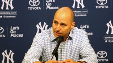 Aug 1, 2016; New York City, NY, USA; New York Yankees general manager Brian Cashman speaks to reporters after the trade deadline prior to a game against the New York Mets at Citi Field. Mandatory Credit: Brad Penner-USA TODAY Sports