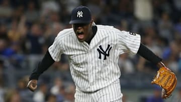 Sep 7, 2016; Bronx, NY, USA; New York Yankees starting pitcher Luis Severino (40) reacts after striking out Toronto Blue Jays right fielder Jose Bautista (not pictured) in the sixth inning at Yankee Stadium. Mandatory Credit: Noah K. Murray-USA TODAY Sports