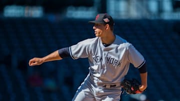 Oct 18, 2016; Mesa, AZ, USA; Scottsdale Scorpions pitcher James Kaprielian of the New York Yankees against the Mesa Solar Sox during an Arizona Fall League game at Sloan Field. Mandatory Credit: Mark J. Rebilas-USA TODAY Sports