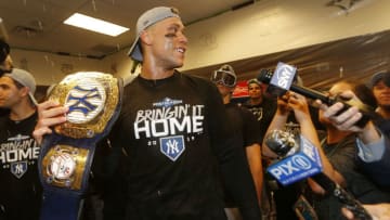 Aaron Judge of the New York Yankees celebrates during the 2019 MLB Playoffs.