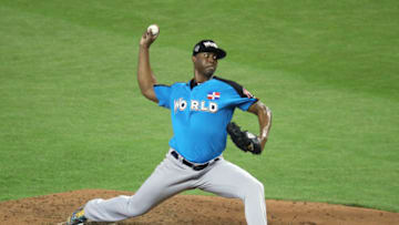 MIAMI, FL - JULY 09: Domingo Acevedo #46 of the New York Yankees and the World Team delivers the pitch against the U.S. Team during the SiriusXM All-Star Futures Game at Marlins Park on July 9, 2017 in Miami, Florida. (Photo by Rob Carr/Getty Images)