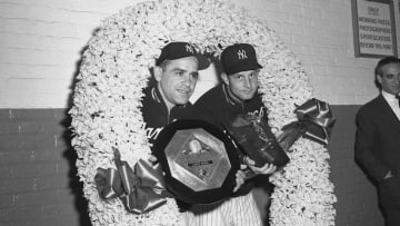 Catcher Yogi Berra and pitcher Bob Grim, of the New York Yankees (Photo by: Olen Collection/Diamond Images/Getty Images)