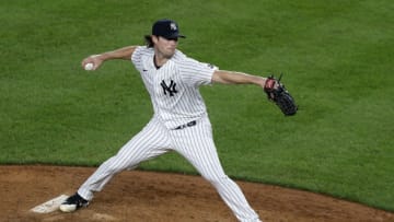 NEW YORK, NEW YORK - AUGUST 19: Gerrit Cole #45 of the New York Yankees in action against the Tampa Bay Rays at Yankee Stadium on August 19, 2020 in New York City. The Rays defeated the Yankees 4-2. (Photo by Jim McIsaac/Getty Images)