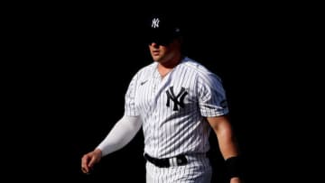 SAN DIEGO, CALIFORNIA - OCTOBER 07: Luke Voit #59 of the New York Yankees walks toward the dugout prior to Game Three of the American League Division Series against the Tampa Bay Rays at PETCO Park on October 07, 2020 in San Diego, California. (Photo by Christian Petersen/Getty Images)
