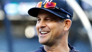 NEW YORK, NEW YORK - OCTOBER 04: (NEW YORK DAILIES OUT) Manager Aaron Boone #17 of the New York Yankees looks on before game one of the American League Division Series against the Minnesota Twins at Yankee Stadium on October 04, 2019 in New York City. The Yankees defeated the Twins 10-4. (Photo by Jim McIsaac/Getty Images)