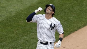 NEW YORK, NEW YORK - SEPTEMBER 26: (NEW YORK DAILIES OUT) Tyler Wade #14 of the New York Yankees celebrates his fifth inning two run home run against the Miami Marlins at Yankee Stadium on September 26, 2020 in New York City. The Yankees defeated the Marlins 11-4. (Photo by Jim McIsaac/Getty Images)