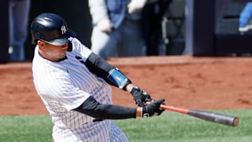 NEW YORK, NEW YORK - APRIL 03: Gary Sanchez #24 of the New York Yankees hits a home run during the fourth inning against the Toronto Blue Jays at Yankee Stadium on April 03, 2021 in the Bronx borough of New York City. (Photo by Sarah Stier/Getty Images)