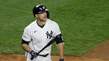 NEW YORK, NEW YORK - APRIL 16: (NEW YORK DAILIES OUT) Giancarlo Stanton #27 of the New York Yankees in action against the Tampa Bay Rays at Yankee Stadium on April 16, 2021 in New York City. The Rays defeated the Yankees 8-2. (Photo by Jim McIsaac/Getty Images)