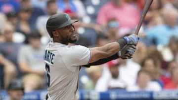 PHILADELPHIA, PA - JULY 18: Starling Marte #6 of the Miami Marlins bats against the Philadelphia Phillies at Citizens Bank Park on July 18, 2021 in Philadelphia, Pennsylvania. The Phillies defeated the Marlins 7-4. (Photo by Mitchell Leff/Getty Images)