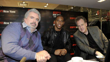 NEW YORK, NY - DECEMBER 08: ESPN Sportscaster Don LaGreca, New York Giants wide receiver Victor Cruz and ESPN Sportscaster Michael Kay pose for a photo during Guy's Night Out at Lord & Taylor on December 8, 2011 in New York City. (Photo by Jemal Countess/Getty Images for Lord & Taylor)