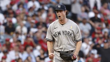 ANAHEIM, CALIFORNIA - SEPTEMBER 01: Gerrit Cole #45 of the New York Yankees reacts after closing out the sixth inning against the Los Angeles Angels at Angel Stadium of Anaheim on September 01, 2021 in Anaheim, California. (Photo by Michael Owens/Getty Images)