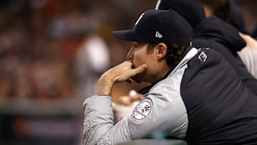 BOSTON, MASSACHUSETTS - OCTOBER 05: Gerrit Cole #45 of the New York Yankees looks on against the Boston Red Sox during the seventh inning of the American League Wild Card game at Fenway Park on October 05, 2021 in Boston, Massachusetts. (Photo by Winslow Townson/Getty Images)