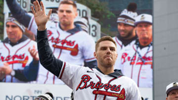 ATLANTA, GA - NOVEMBER 05: Freddie Freeman and other members of the Atlanta Braves team speak following the World Series Parade at Truist Park on November 5, 2021 in Atlanta, Georgia. The Atlanta Braves won the World Series in six games against the Houston Astros winning their first championship since 1995. (Photo by Megan Varner/Getty Images)