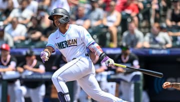 DENVER, CO - JULY 11: Jasson Dominguez #25 of American League Futures Team bats against the National League Futures Team at Coors Field on July 11, 2021 in Denver, Colorado.(Photo by Dustin Bradford/Getty Images)