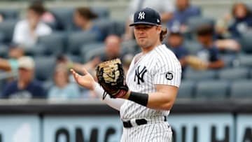 NEW YORK, NEW YORK - AUGUST 08: Luke Voit #59 of the New York Yankees reacts after a fielding error during the second inning against the Seattle Mariners at Yankee Stadium on August 08, 2021 in New York City. The Mariners defeated the Yankees 2-0. (Photo by Jim McIsaac/Getty Images)