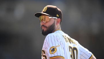 SAN DIEGO, CA - AUGUST 11: Eric Hosmer #30 of the San Diego Padres plays during a baseball game against the Miami Marlins at Petco Park on August 11, 2021 in San Diego, California. (Photo by Denis Poroy/Getty Images)