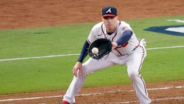 ATLANTA, GEORGIA - OCTOBER 31: Freddie Freeman #5 of the Atlanta Braves makes the out ajh in Game Five of the World Series at Truist Park on October 31, 2021 in Atlanta, Georgia. (Photo by Todd Kirkland/Getty Images)