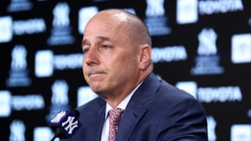 NEW YORK, NEW YORK - APRIL 08: New York Yankees General Manager Brian Cashman speaks to the media prior to the start of the game against the Boston Red Sox at Yankee Stadium on April 08, 2022 in New York City. (Photo by Mike Stobe/Getty Images)