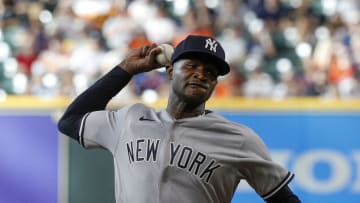 HOUSTON, TEXAS - JULY 21: Domingo German #55 of the New York Yankees pitches in the first inning against the Houston Astros during game two of a doubleheader at Minute Maid Park on July 21, 2022 in Houston, Texas. (Photo by Bob Levey/Getty Images)