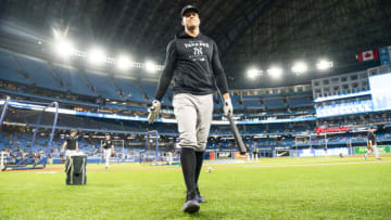 TORONTO, ON - SEPTEMBER 26: Aaron Judge #99 of the New York Yankees walks off the field after batting practice before playing the Toronto Blue Jays in their MLB game at the Rogers Centre on September 26, 2022 in Toronto, Ontario, Canada. (Photo by Mark Blinch/Getty Images)