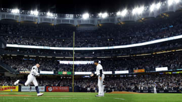 NEW YORK, NEW YORK - OCTOBER 11: Harrison Bader #22 of the New York Yankees celebrates after hitting a solo home run against Cal Quantrill #47 of the Cleveland Guardians during the third inning in game one of the American League Division Series at Yankee Stadium on October 11, 2022 in New York, New York. (Photo by Sarah Stier/Getty Images)