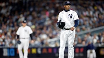 NEW YORK, NEW YORK - SEPTEMBER 30: Aroldis Chapman #54 of the New York Yankees looks on during the eighth inning against the Baltimore Orioles at Yankee Stadium on September 30, 2022 in the Bronx borough of New York City. (Photo by Sarah Stier/Getty Images)