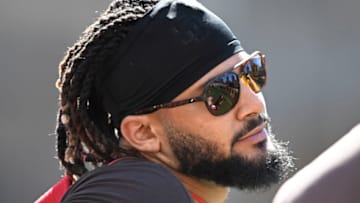SAN DIEGO, CA - JULY 4: Fernando Tatis Jr. #23 of the San Diego Padres looks on before a baseball game against the Seattle Mariners July 4, 2022 at Petco Park in San Diego, California. (Photo by Denis Poroy/Getty Images)