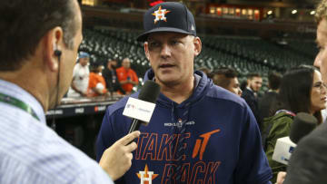 Oct 29, 2019; Houston, TX, USA; Houston Astros manager AJ Hinch (14) is interviewed before game six of the 2019 World Series against the Washington Nationals at Minute Maid Park. Mandatory Credit: Troy Taormina-USA TODAY Sports
