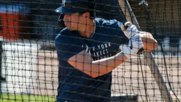 Feb 27, 2021; Tampa, Florida, USA; New York Yankees shortstop Tyler Wade (14) takes batting practice during spring training at George M. Steinbrenner field Mandatory Credit: Nathan Ray Seebeck-USA TODAY Sports
