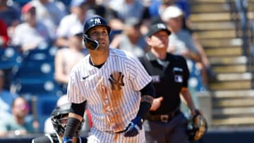 Mar 27, 2022; Tampa, Florida, USA; New York Yankees second baseman Marwin Gonzalez (14) reacts after hitting a two run home run in the fourth inning against the Pittsburgh Pirates during spring training at George M. Steinbrenner Field. Mandatory Credit: Nathan Ray Seebeck-USA TODAY Sports