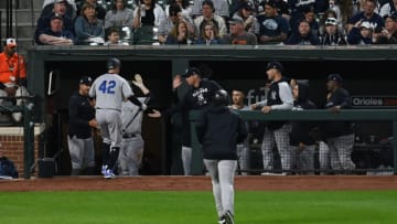 Apr 15, 2022; Baltimore, Maryland, USA; New York Yankees catcher Kyle Higashioka celebrates with teammates Mandatory Credit: Tommy Gilligan-USA TODAY Sports
