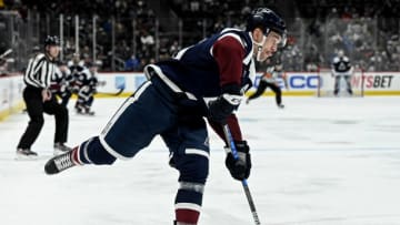 DENVER, CO - FEBRUARY 1: Mikko Rantanen (96) of the Colorado Avalanche rips a shot against the Arizona Coyotes during the first period at Ball Arena on Tuesday, February 1, 2021. (Photo by AAron Ontiveroz/MediaNews Group/The Denver Post via Getty Images)