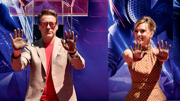 HOLLYWOOD, CA - APRIL 23: (EDITORS NOTE: Retransmission with alternate crop.) Marvel Studios' "Avengers: Endgame" stars Robert Downey Jr. (L) and Scarlett Johansson at the Hand And Footprint Ceremony at the TCL Chinese Theatre on April 23, 2019 in Hollywood, California. (Photo by Alberto E. Rodriguez/Getty Images for Disney) HOLLYWOOD, CA - APRIL 23: (EDITORS NOTE: Retransmission with alternate crop.) Marvel Studios' "Avengers: Endgame" stars Robert Downey Jr. (L) and Scarlett Johansson at the Hand And Footprint Ceremony at the TCL Chinese Theatre on April 23, 2019 in Hollywood, California. (Photo by Alberto E. Rodriguez/Getty Images for Disney)