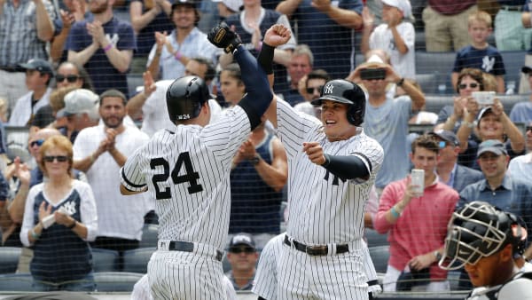 NEW YORK, NEW YORK - AUGUST 14: Gary Sanchez #24 of the New York Yankees celebrates his first inning three run home run against the Baltimore Orioles with teammate Gio Urshela #29 at Yankee Stadium on August 14, 2019 in New York City. (Photo by Jim McIsaac/Getty Images) NEW YORK, NEW YORK - AUGUST 14: Gary Sanchez #24 of the New York Yankees celebrates his first inning three run home run against the Baltimore Orioles with teammate Gio Urshela #29 at Yankee Stadium on August 14, 2019 in New York City. (Photo by Jim McIsaac/Getty Images)