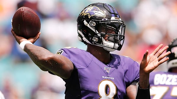 MIAMI, FLORIDA - SEPTEMBER 08: Lamar Jackson #8 of the Baltimore Ravens throws a pass against the Miami Dolphins during the first quarter at Hard Rock Stadium on September 08, 2019 in Miami, Florida. (Photo by Michael Reaves/Getty Images) MIAMI, FLORIDA - SEPTEMBER 08: Lamar Jackson #8 of the Baltimore Ravens throws a pass against the Miami Dolphins during the first quarter at Hard Rock Stadium on September 08, 2019 in Miami, Florida. (Photo by Michael Reaves/Getty Images)