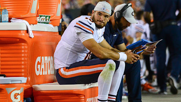 DENVER, CO - AUGUST 18: Quarterback Mitchell Trubisky #10 of the Chicago Bears sits in the bench area during an NFL preseason game against the Denver Broncos at Broncos Stadium at Mile High on August 18, 2018 in Denver, Colorado. (Photo by Dustin Bradford/Getty Images) DENVER, CO - AUGUST 18: Quarterback Mitchell Trubisky #10 of the Chicago Bears sits in the bench area during an NFL preseason game against the Denver Broncos at Broncos Stadium at Mile High on August 18, 2018 in Denver, Colorado. (Photo by Dustin Bradford/Getty Images)