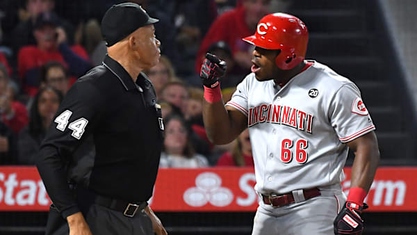 ANAHEIM, CA - JUNE 25: Yasiel Puig #66 of the Cincinnati Reds yells at home plate umpire Kerwin Danley #44 after he was thrown out of the game for arguing a third strike call in the sixth inning against the Los Angeles Angels at Angel Stadium of Anaheim on June 25, 2019 in Anaheim, California. (Photo by Jayne Kamin-Oncea/Getty Images) ANAHEIM, CA - JUNE 25: Yasiel Puig #66 of the Cincinnati Reds yells at home plate umpire Kerwin Danley #44 after he was thrown out of the game for arguing a third strike call in the sixth inning against the Los Angeles Angels at Angel Stadium of Anaheim on June 25, 2019 in Anaheim, California. (Photo by Jayne Kamin-Oncea/Getty Images)