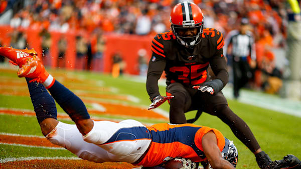 DENVER, CO - NOVEMBER 3: Wide receiver Courtland Sutton #14 of the Denver Broncos catches a touchdown pass as safety Jermaine Whitehead #35 of the Cleveland Browns defends on the play during the first quarter at Broncos Stadium at Mile High on November 3, 2019 in Denver, Colorado. (Photo by Justin Edmonds/Getty Images) DENVER, CO - NOVEMBER 3: Wide receiver Courtland Sutton #14 of the Denver Broncos catches a touchdown pass as safety Jermaine Whitehead #35 of the Cleveland Browns defends on the play during the first quarter at Broncos Stadium at Mile High on November 3, 2019 in Denver, Colorado. (Photo by Justin Edmonds/Getty Images)