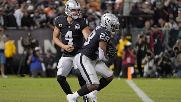 OAKLAND, CA - SEPTEMBER 09: Josh Jacobs #28 of the Oakland Raiders takes the handoff from quarterback Derek Carr #4 against the Denver Broncos during the second quarter of an NFL football game at RingCentral Coliseum on September 9, 2019 in Oakland, California. (Photo by Thearon W. Henderson/Getty Images) OAKLAND, CA - SEPTEMBER 09: Josh Jacobs #28 of the Oakland Raiders takes the handoff from quarterback Derek Carr #4 against the Denver Broncos during the second quarter of an NFL football game at RingCentral Coliseum on September 9, 2019 in Oakland, California. (Photo by Thearon W. Henderson/Getty Images)