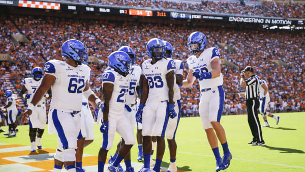 KNOXVILLE, TENNESSEE - AUGUST 31: Cornelius McCoy #83 of the Georgia State Panthers celebrates in the end-zone with his teammates after scoring a touchdown against the Tennessee Volunteers during the second quarter of the season opener at Neyland Stadium on August 31, 2019 in Knoxville, Tennessee. (Photo by Silas Walker/Getty Images) KNOXVILLE, TENNESSEE - AUGUST 31: Cornelius McCoy #83 of the Georgia State Panthers celebrates in the end-zone with his teammates after scoring a touchdown against the Tennessee Volunteers during the second quarter of the season opener at Neyland Stadium on August 31, 2019 in Knoxville, Tennessee. (Photo by Silas Walker/Getty Images)